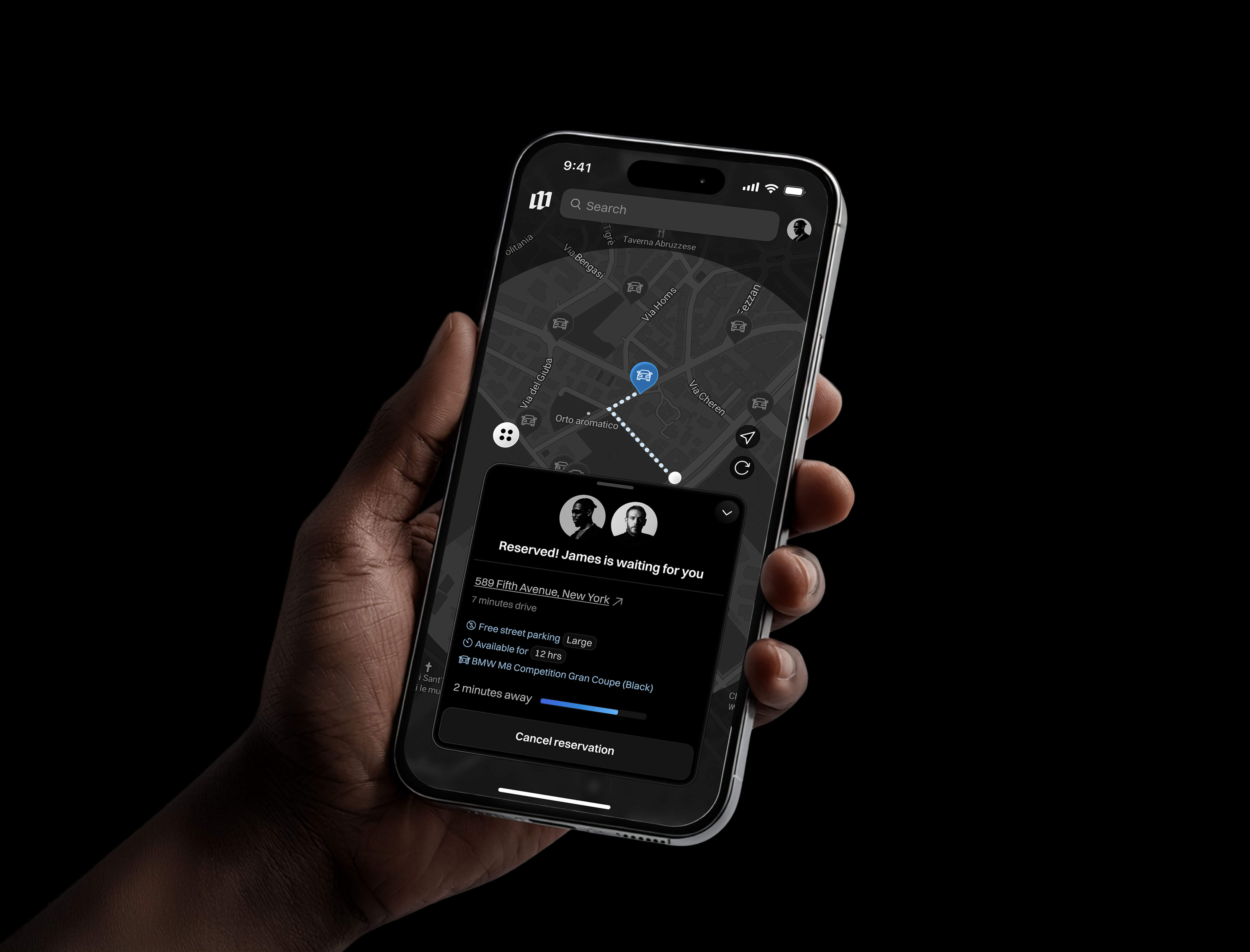 A hand holds a phone displaying the Makeway app interface on its screen.
