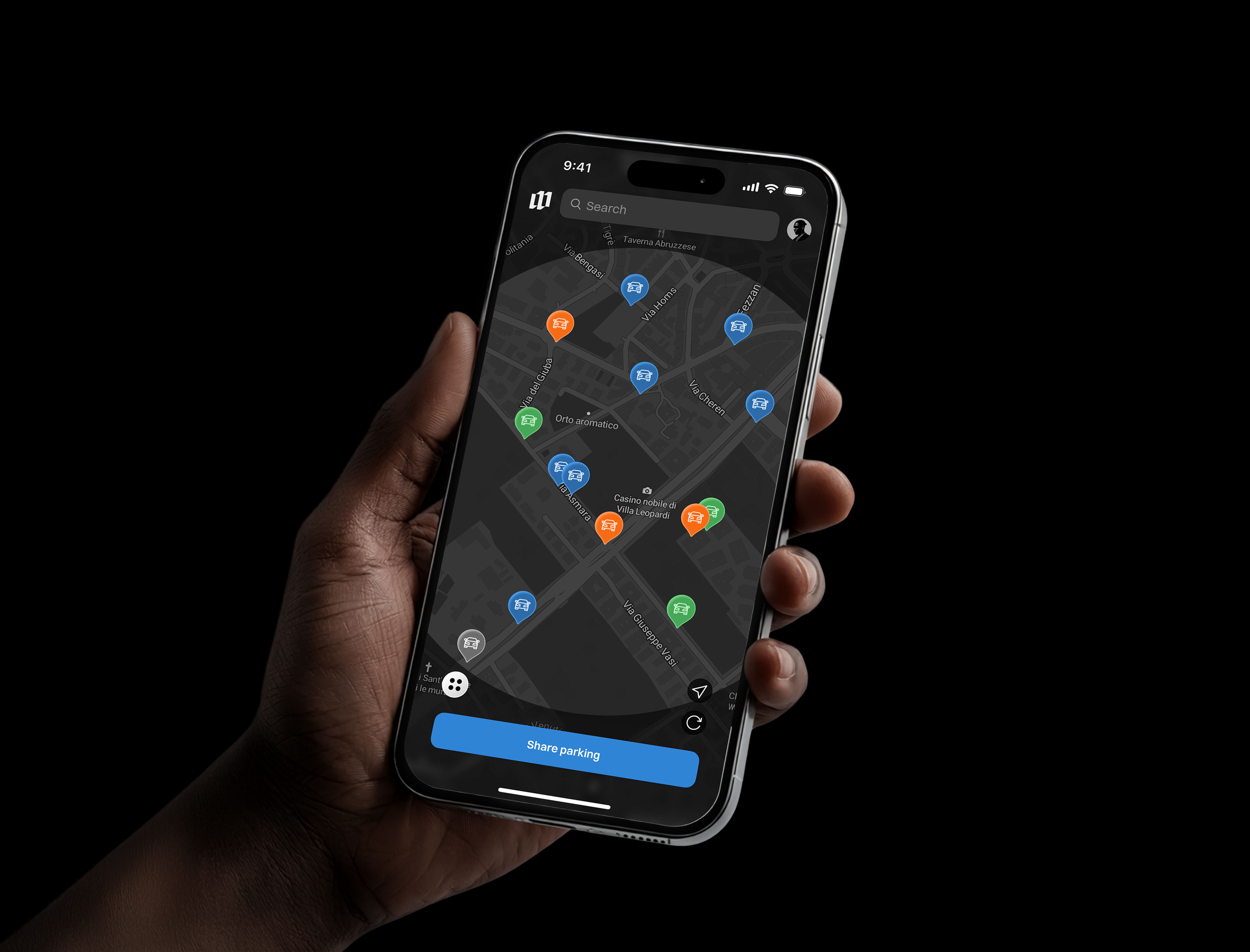 Hand holding smartphone displaying a dark-themed map with color-coded parking icons and a blue 'Share parking' button.