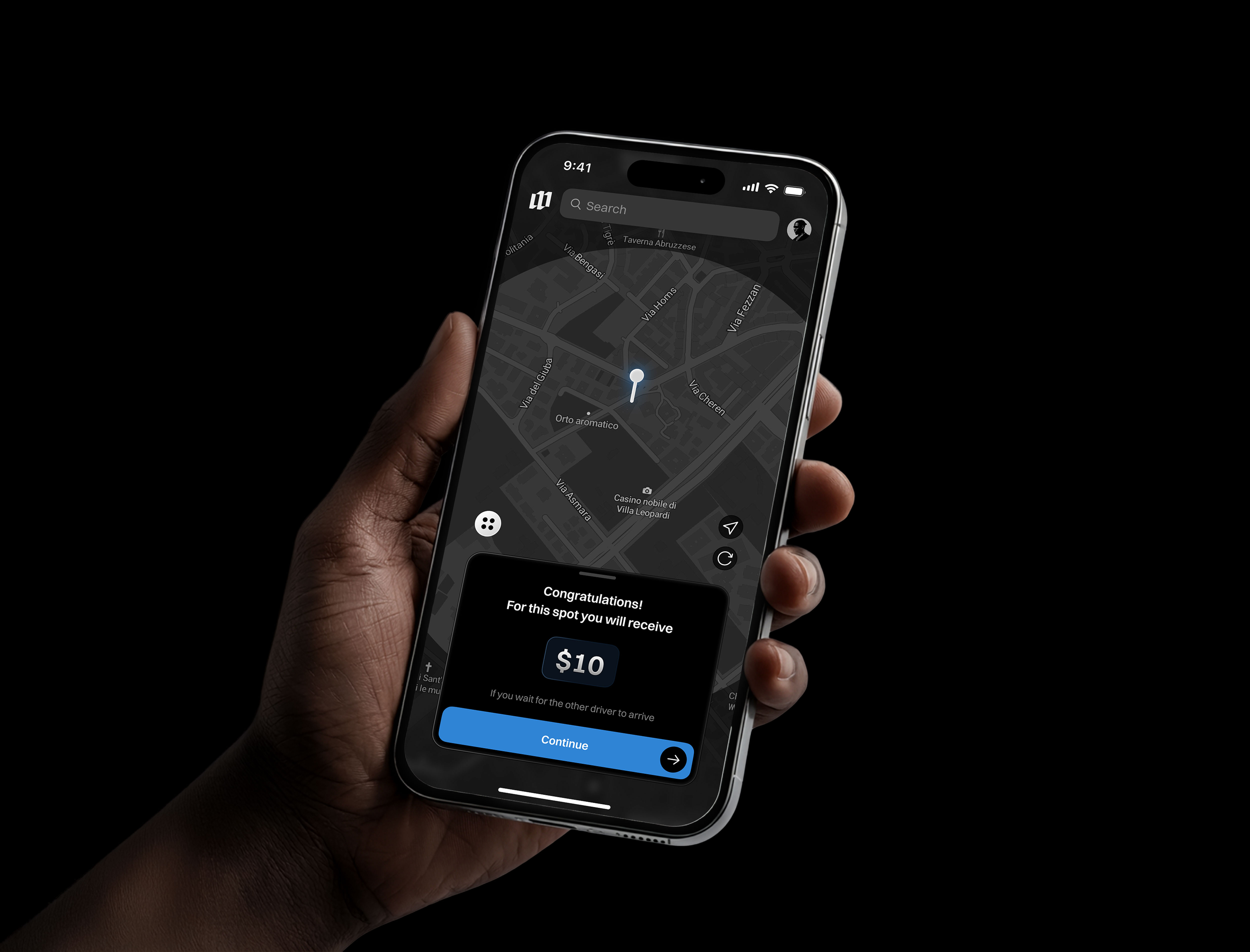 Hand holding smartphone displaying a map with a notification offering $10 for a parking spot, with a blue Continue button.
