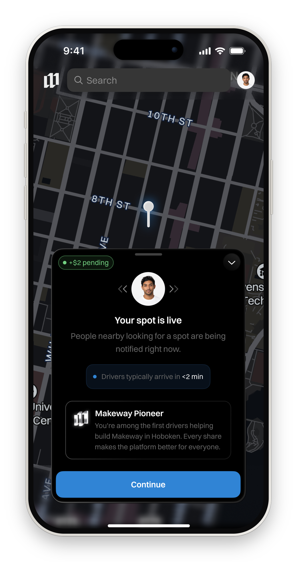 The Makeway app confirming a shared spot is live and that drivers nearby are being notified.