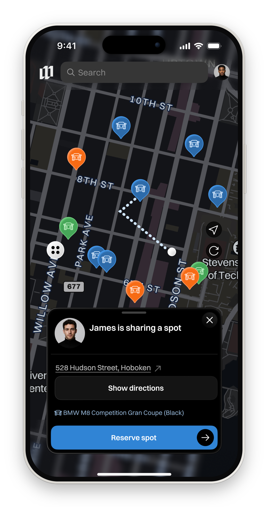 The Makeway map on a phone, showing a shared spot on a nearby block and how to reach it.