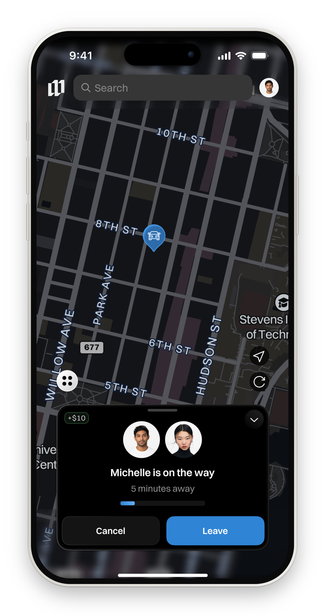 The Makeway app showing the arriving driver five minutes away from the shared spot.